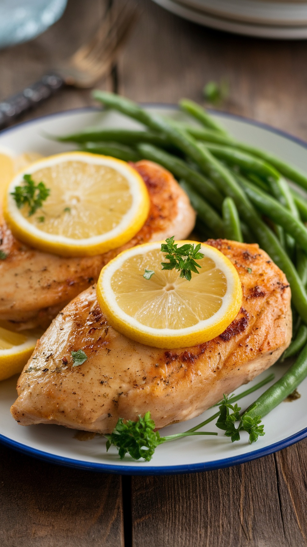 A plate of lemon garlic chicken served with green beans and garnished with lemon slices.