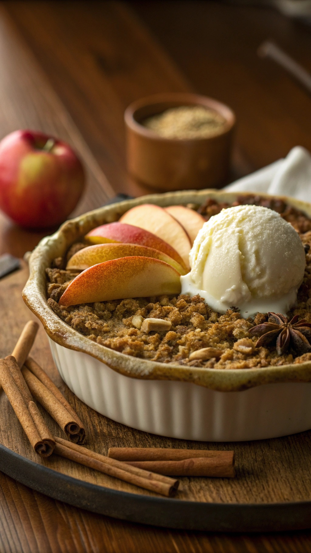 A delicious low-sugar apple crisp topped with apple slices and ice cream, surrounded by cinnamon sticks.