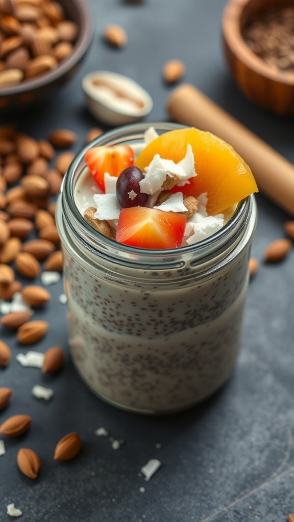 A jar of chia seed pudding topped with fresh fruits and nuts.