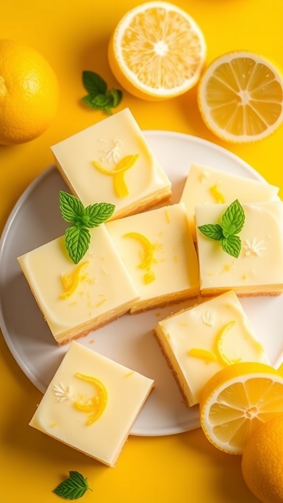 Delicious lemon cheesecake bars garnished with mint leaves and lemon slices on a yellow background.