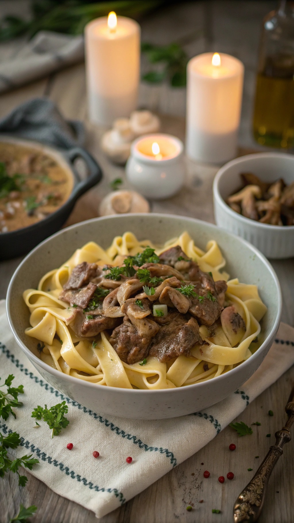 A bowl of beef stroganoff served over fettuccine, garnished with parsley, with candles in the background.