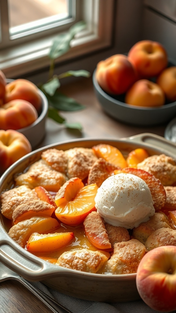 A delicious peach cobbler topped with a scoop of ice cream, surrounded by fresh peaches.