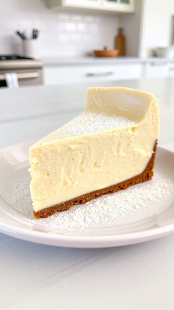 A slice of creamy vanilla bean protein cheesecake garnished with a mint leaf on a white plate.