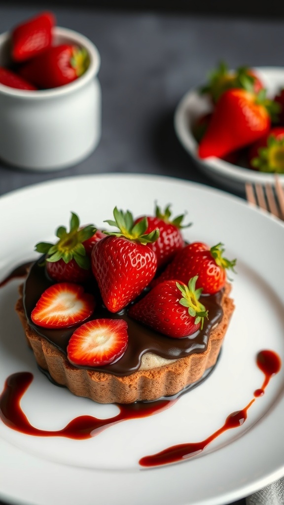 A chocolate-covered strawberry tart topped with fresh strawberries on a white plate, with additional strawberries in the background.