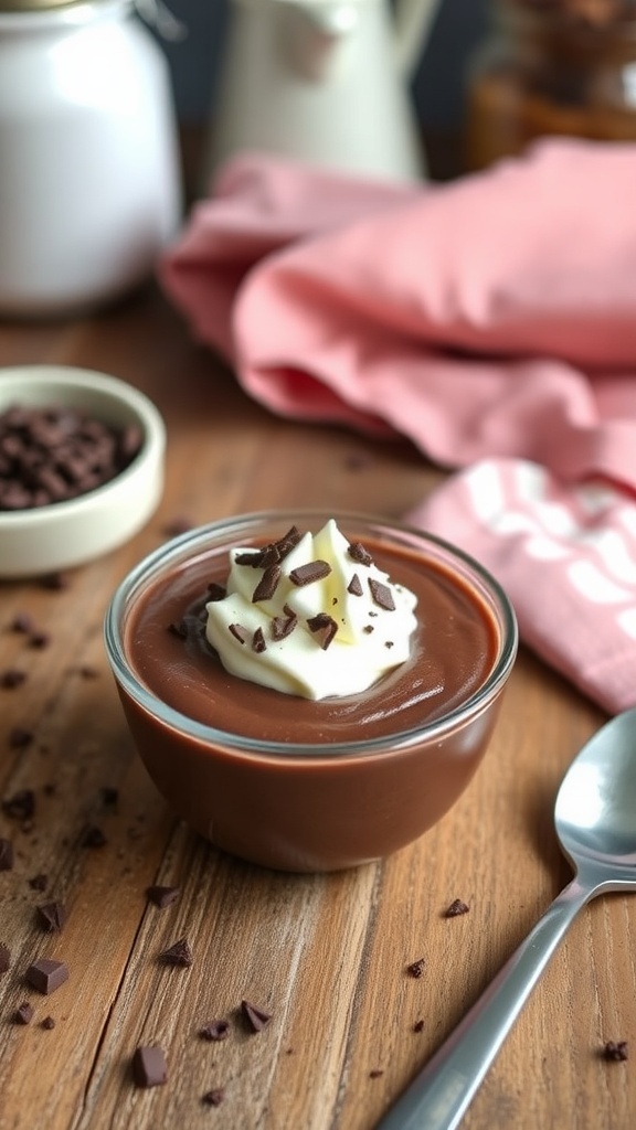 A bowl of vegan chocolate pudding topped with whipped cream and chocolate shavings, surrounded by chocolate chips and a pink cloth.