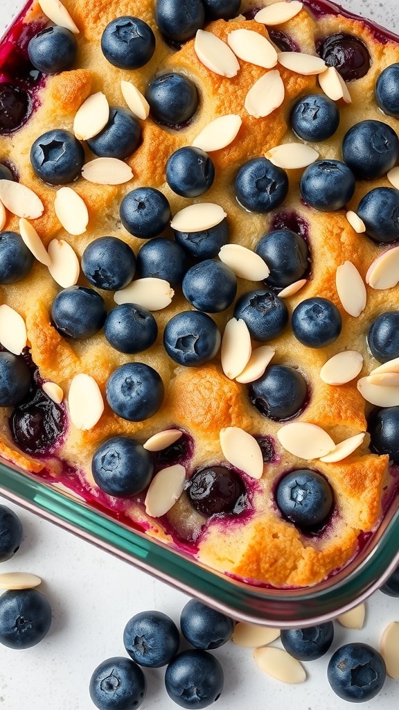 A delicious blueberry almond bread pudding topped with slivered almonds and fresh blueberries.