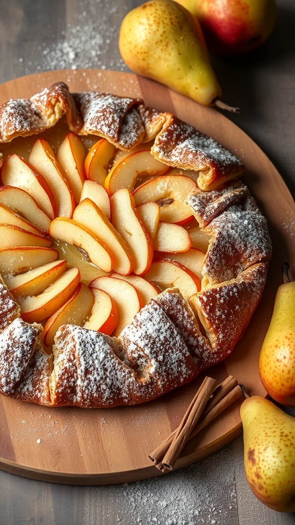 A spiced pear galette on a wooden board, surrounded by fresh pears and cinnamon sticks.
