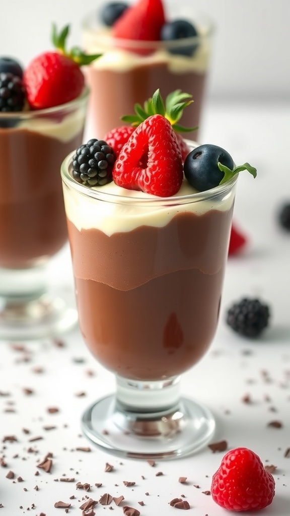 A glass of no-bake chocolate mousse topped with fresh raspberries and mint leaves, surrounded by chocolate shavings.