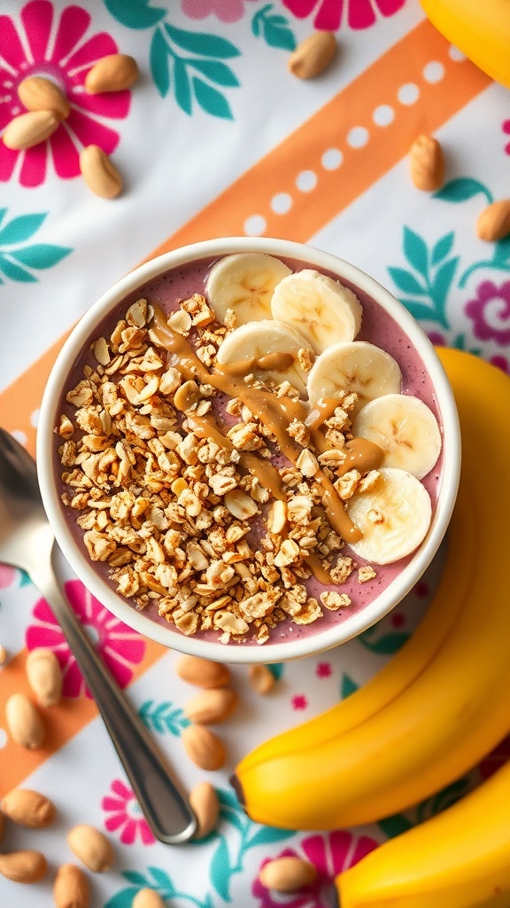 A colorful peanut butter banana smoothie bowl topped with granola and banana slices, surrounded by fresh bananas and peanuts.