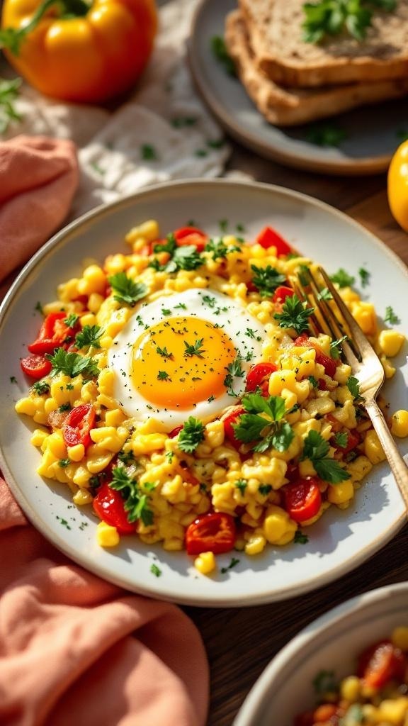 A colorful plate of egg and veggie scramble with corn, tomatoes, and herbs.