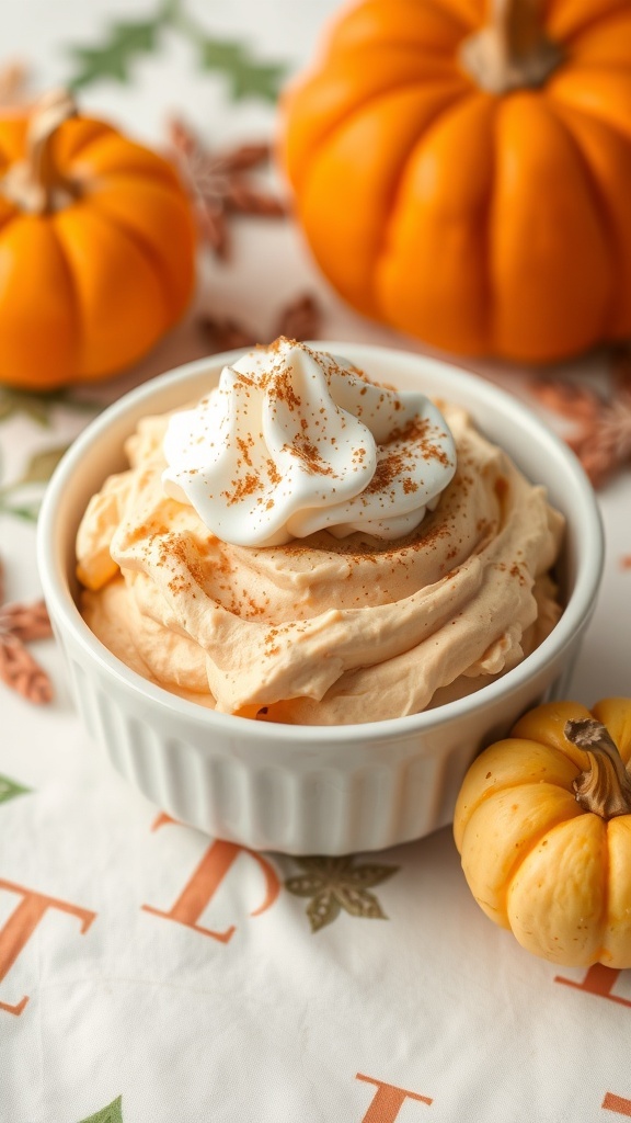 A bowl of pumpkin spice fluff topped with whipped cream and cinnamon, with small pumpkins in the background.
