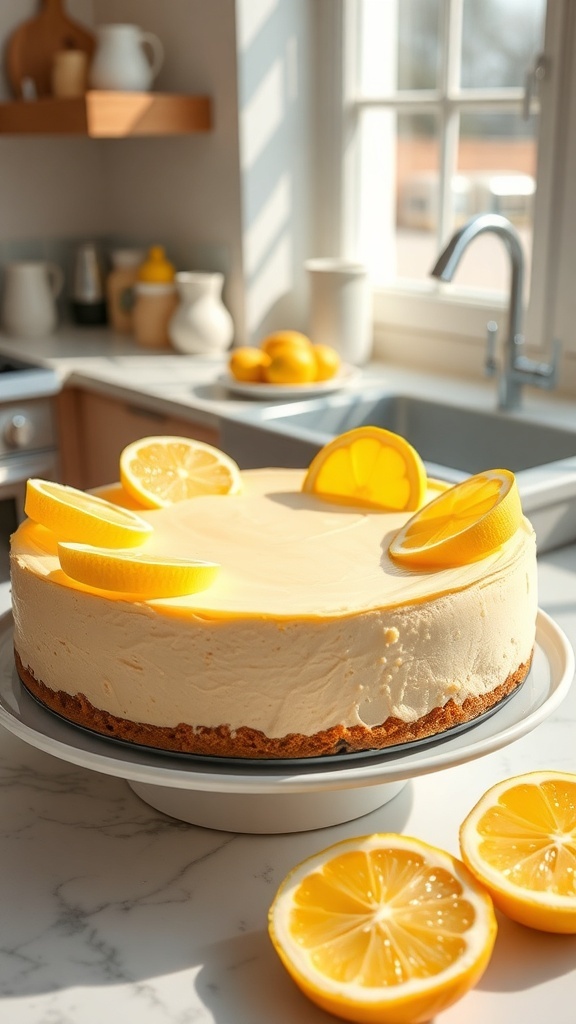 A refreshing lemon protein cheesecake with a smooth surface, garnished with a sprig of rosemary, surrounded by fresh lemons.