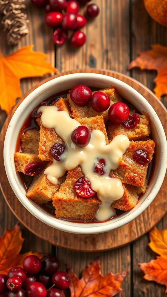 A bowl of cranberry orange bread pudding topped with a creamy sauce, surrounded by cranberries and autumn leaves.