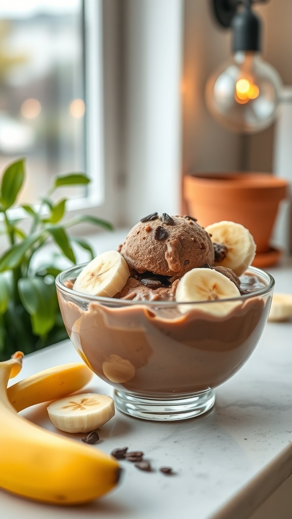 A bowl of chocolate banana ice cream topped with banana slices, with bananas and a plant in the background.