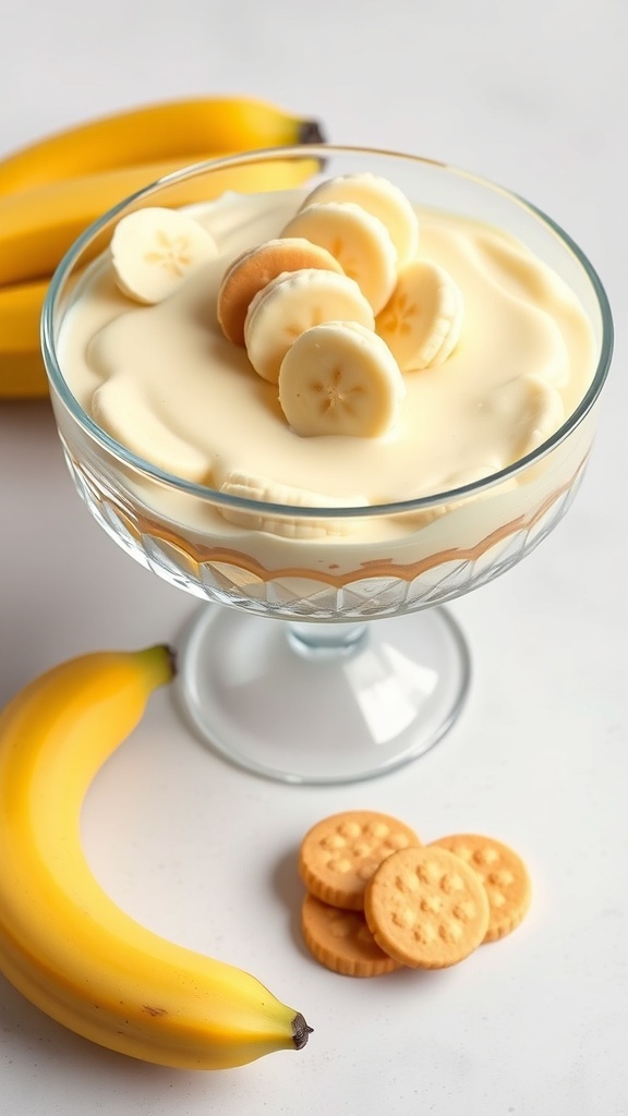 A bowl of no-bake banana pudding topped with banana slices and vanilla wafers, with bananas and wafers beside it.