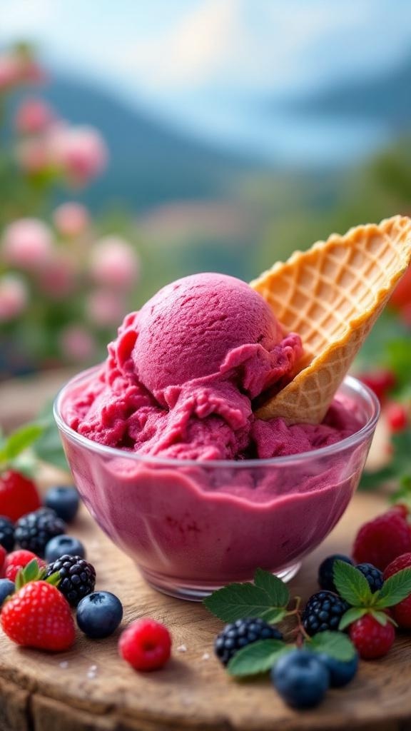 A bowl of berry sorbet with a waffle cone and fresh berries around it