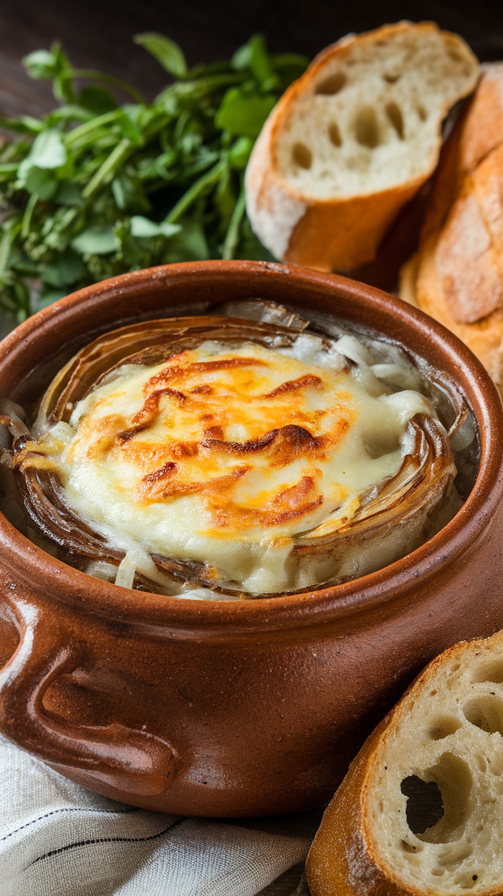 A bowl of classic French onion soup topped with melted cheese and served with bread.