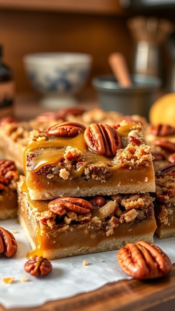 Healthy Maple Pecan Pie Bars with pecans on top