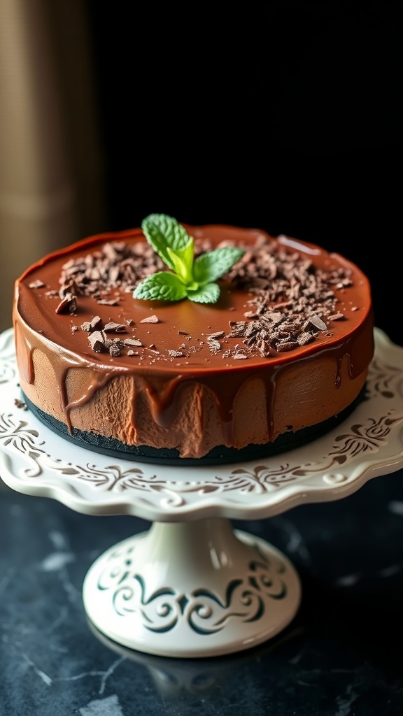 A no-bake chocolate mint cheesecake topped with mint leaves and chocolate shavings, displayed on a decorative stand.