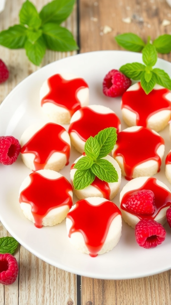 No-bake keto cheesecake bites with raspberry sauce and mint leaves