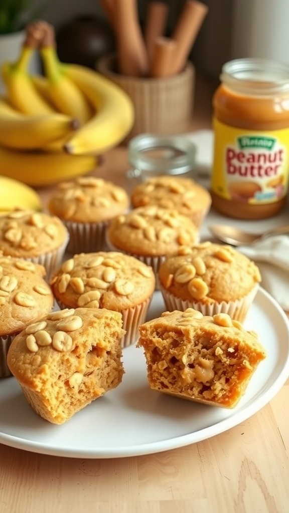 A plate of peanut butter banana muffins with some whole and some cut in half, surrounded by bananas and a jar of peanut butter.