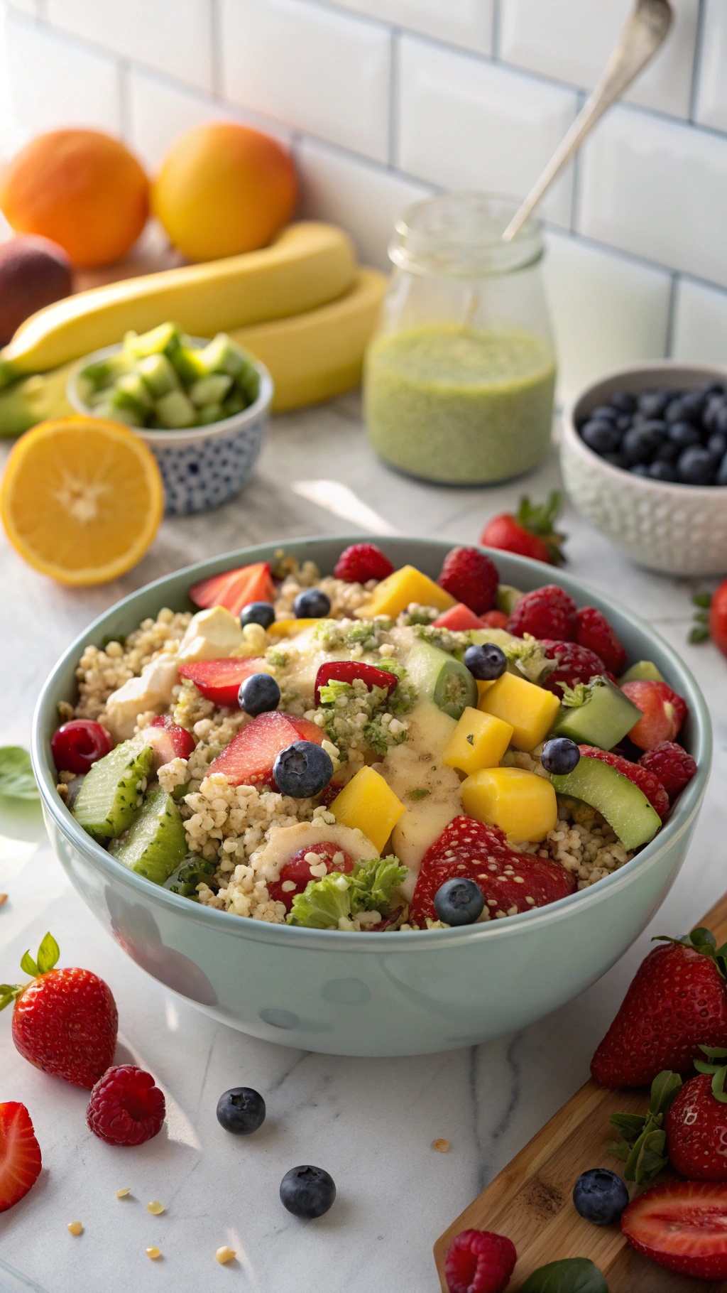 A colorful quinoa fruit salad with strawberries, blueberries, mango, and kiwi in a bowl.