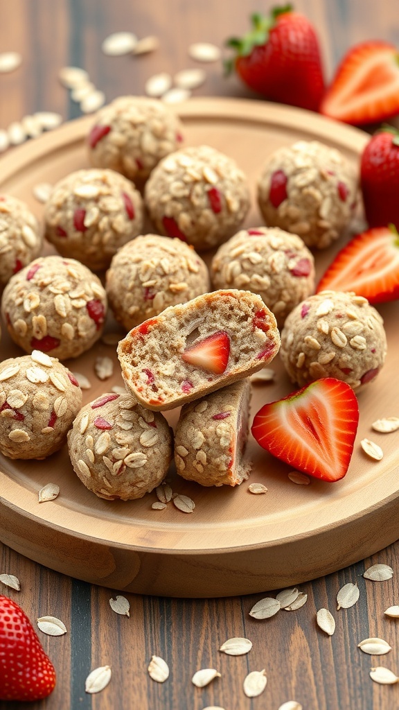 A plate of strawberry oatmeal energy bites with fresh strawberries and oats scattered around.
