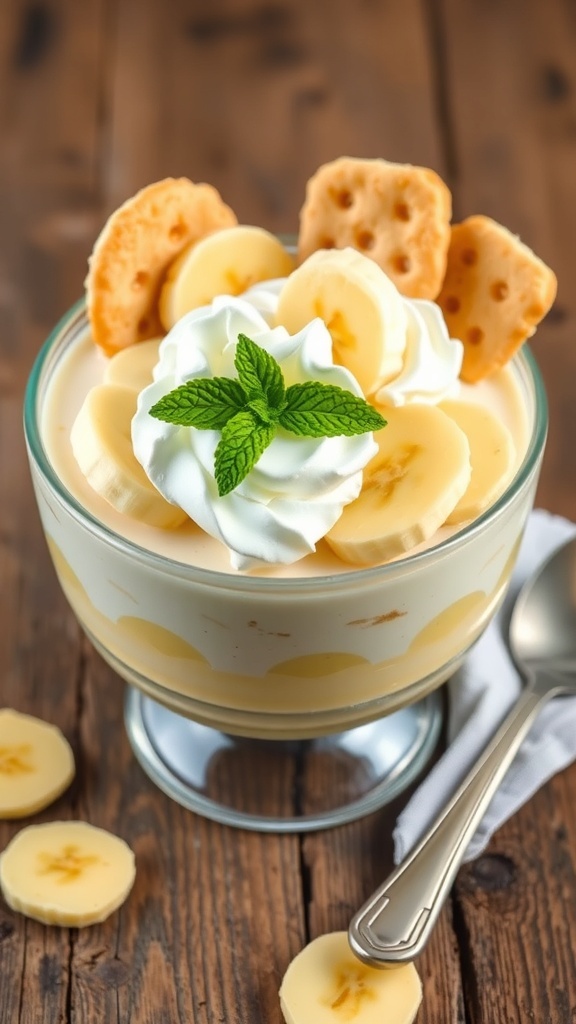 A delicious serving of banana pudding topped with whipped cream, banana slices, and a sprig of mint.