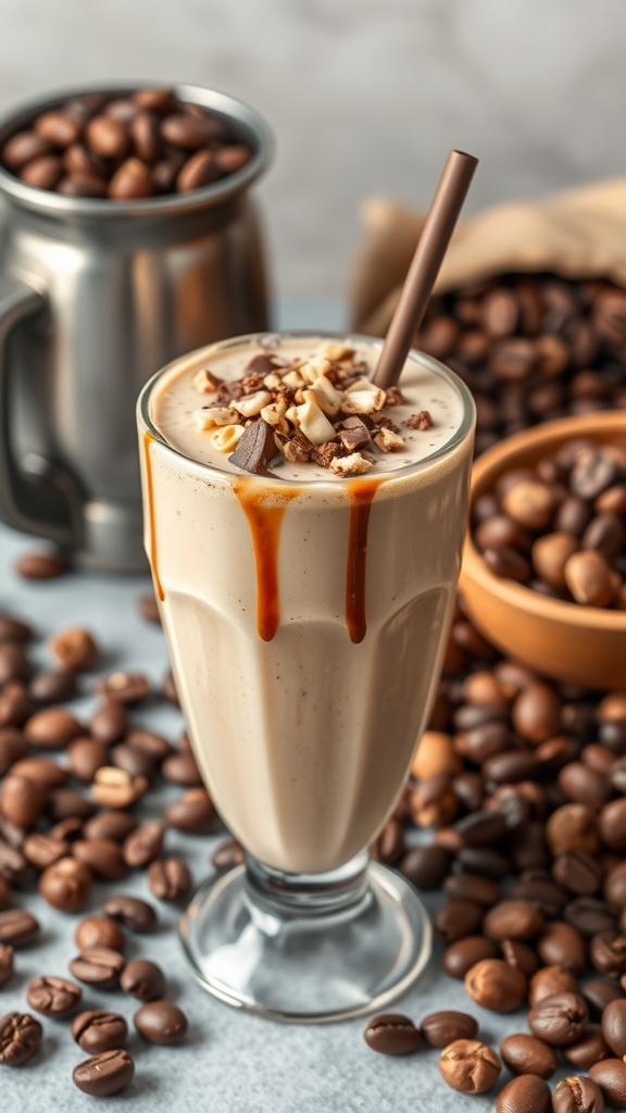 A creamy hazelnut cheesecake smoothie topped with chocolate shavings and caramel sauce, surrounded by coffee beans.
