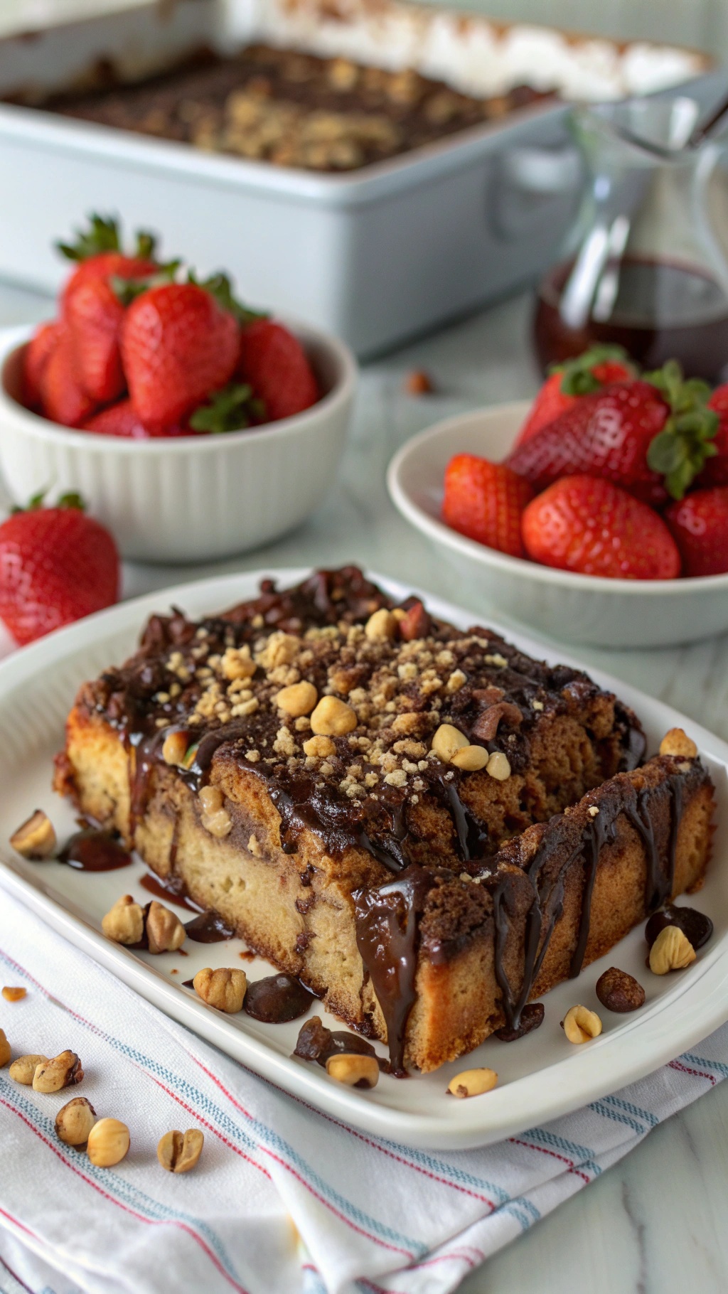 Chocolate Hazelnut French Toast Casserole with strawberries and hazelnuts