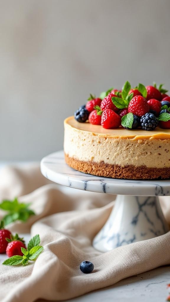 A creamy cashew cheesecake topped with fresh berries and mint leaves on a marble cake stand.