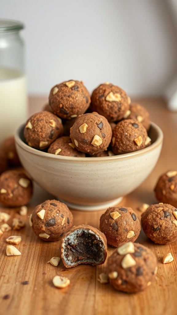 A bowl of Choco-Nut Energy Bites with some bites scattered around, showcasing their chocolatey and nutty texture.