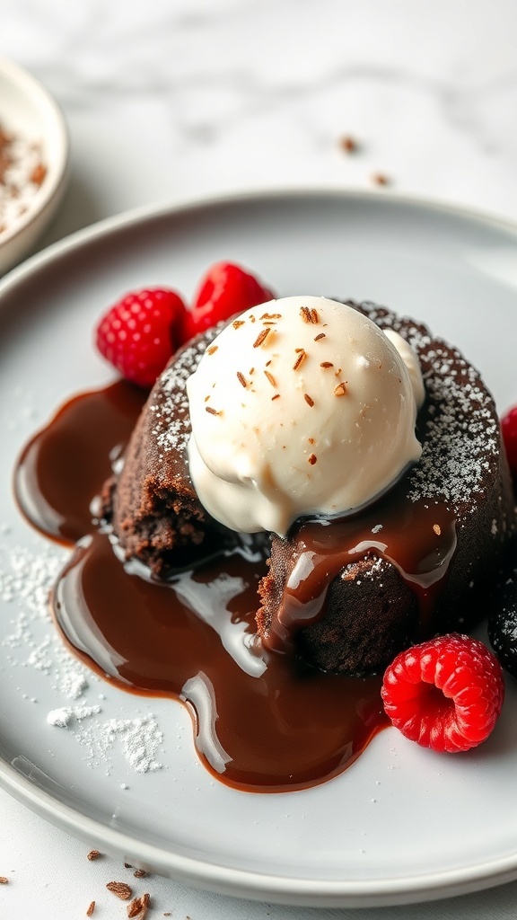 Vegan chocolate lava cake topped with ice cream and raspberries