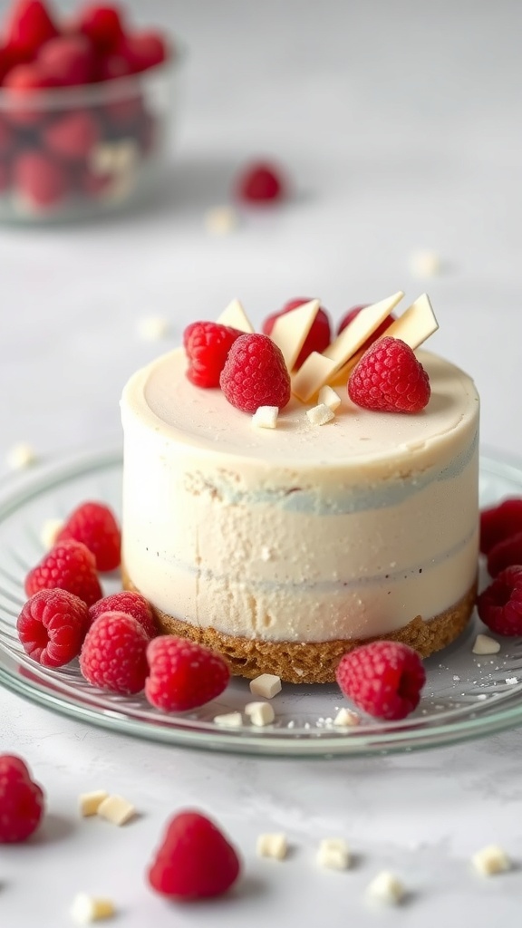 A delicious white chocolate raspberry protein cheesecake garnished with fresh raspberries and white chocolate shavings on a glass plate.