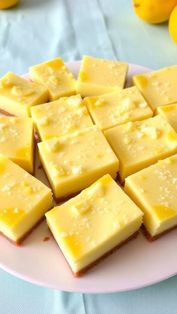 Lemon cheesecake bars topped with lemon slices and mint leaves on a white plate.