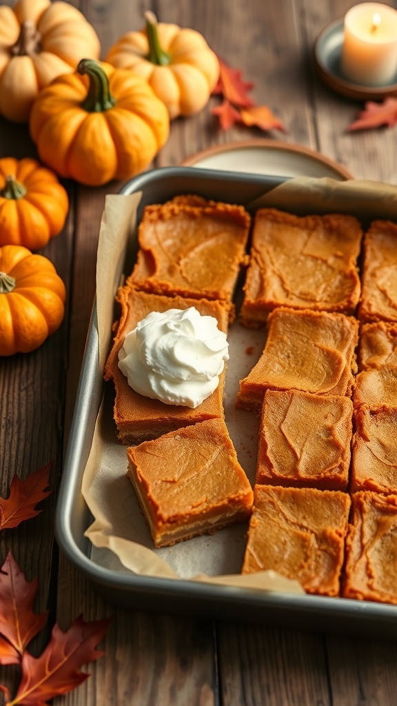 Vegan pumpkin pie bars on a tray with whipped cream and decorative pumpkins