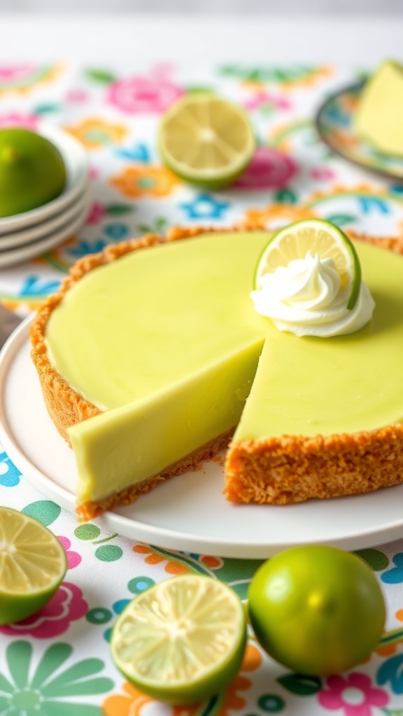 A vibrant key lime pie topped with whipped cream, surrounded by fresh limes and lemons.