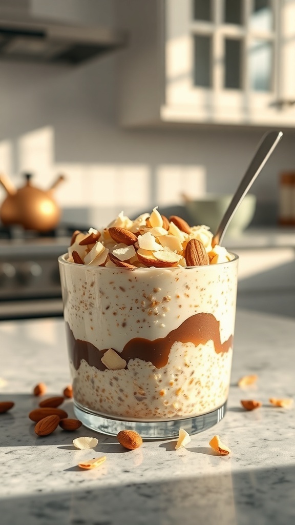 A glass of layered Almond Joy cheesecake oats topped with sliced almonds, set against a kitchen backdrop.