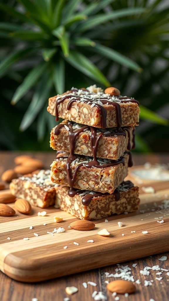 A stack of Almond Joy Protein Bars drizzled with chocolate and sprinkled with coconut flakes on a wooden board.