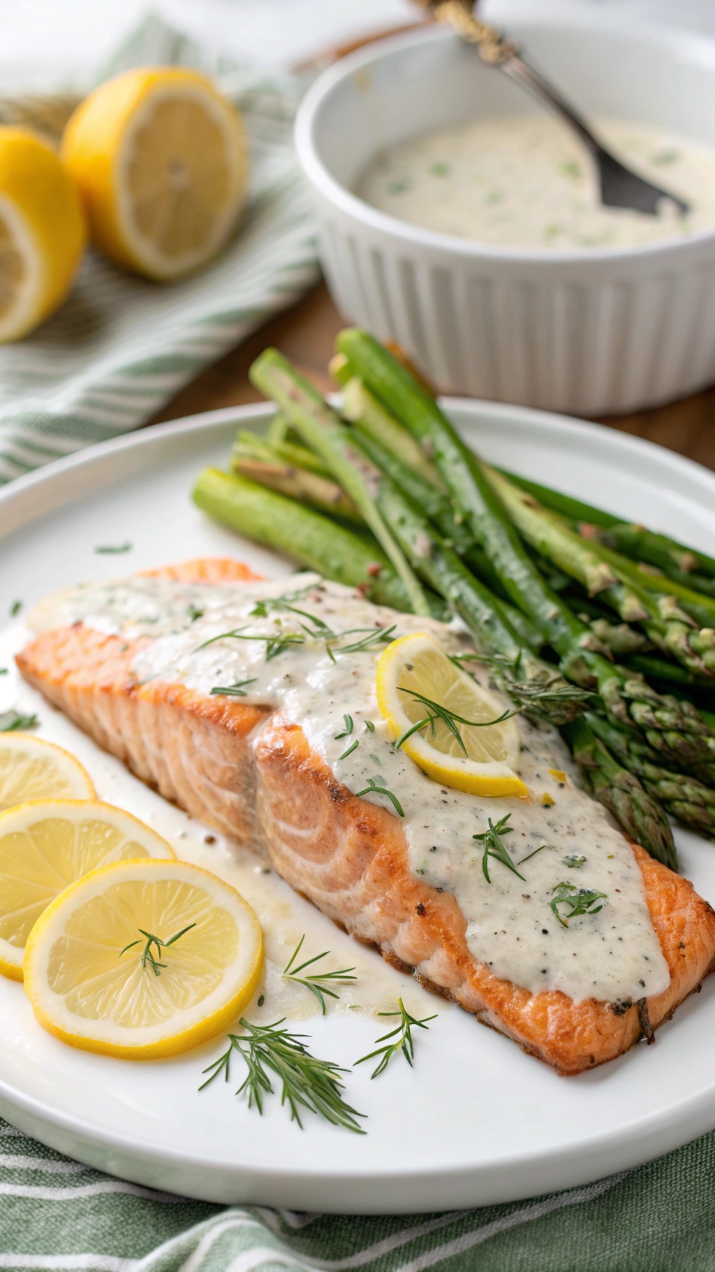 Baked salmon with dill sauce, lemon slices, and asparagus on a plate