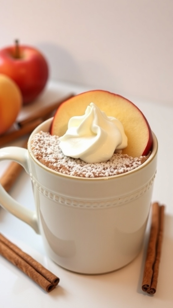 A delicious apple cinnamon mug cake topped with whipped cream and a slice of apple, with cinnamon sticks and fresh apples in the background.