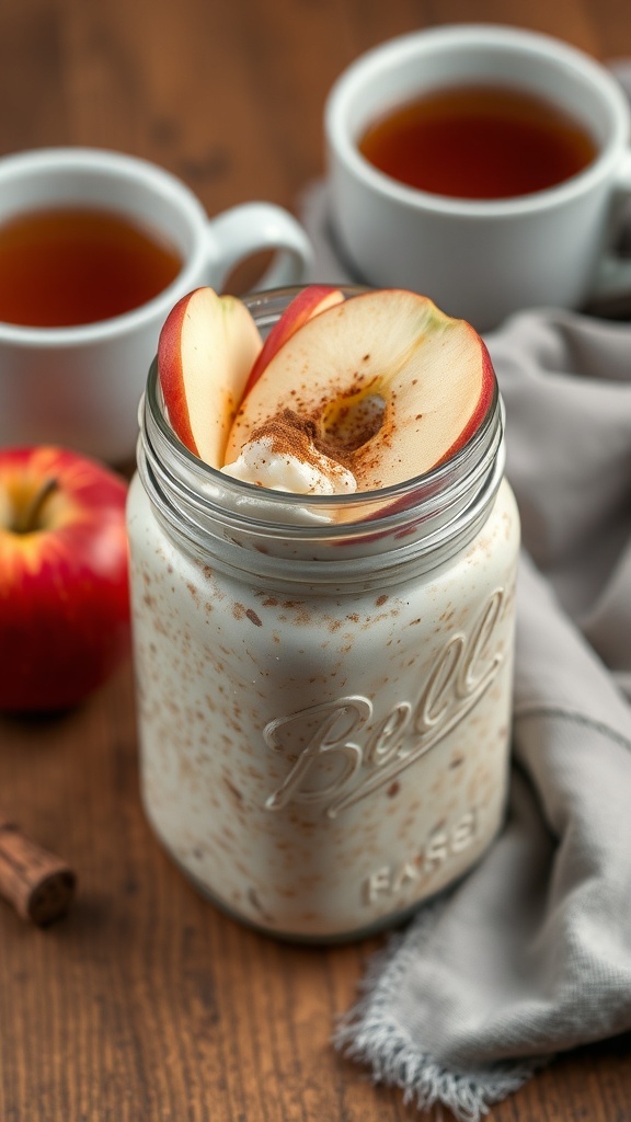 A jar of apple cinnamon overnight oats topped with apple slices and cinnamon, with two cups of tea in the background.