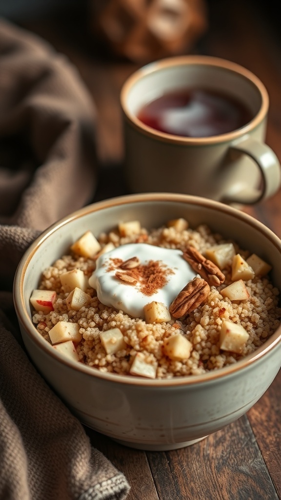 A cozy bowl of apple cinnamon quinoa topped with yogurt and nuts, with a cup of tea in the background.