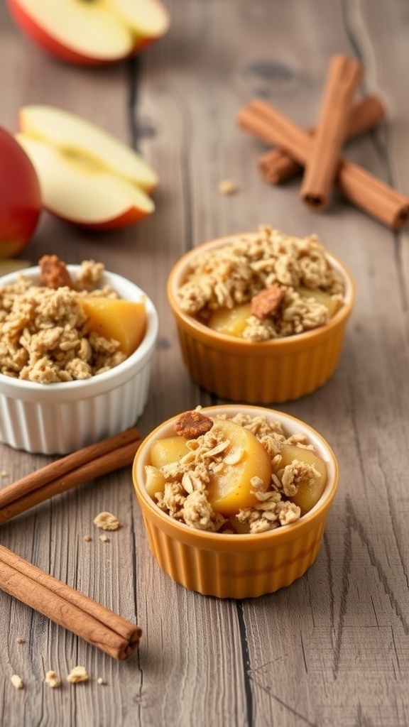 Three apple crisp cups with oats and cinnamon on a wooden table, with fresh apple slices and cinnamon sticks in the background.