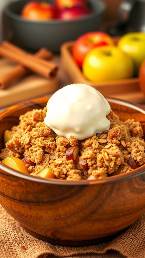 A bowl of apple crisp topped with vanilla ice cream, surrounded by fresh apples and cinnamon sticks.