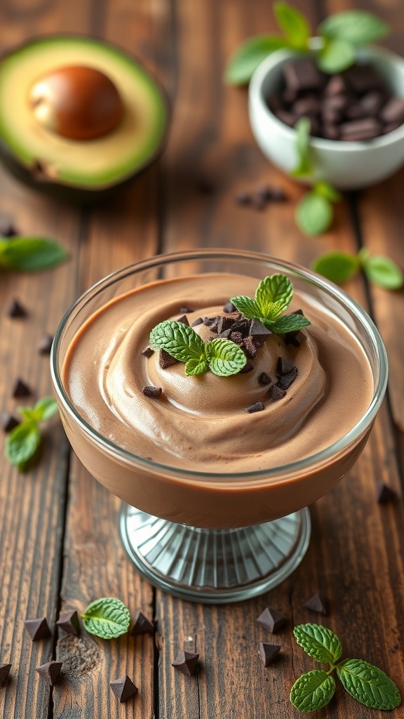 A bowl of avocado chocolate mousse topped with mint leaves and chocolate shavings, with an avocado and chocolate chips in the background.