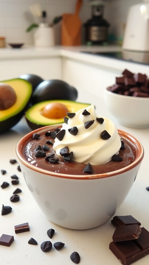 A bowl of creamy avocado chocolate pudding topped with whipped cream and chocolate chips, with fresh avocados and chocolate pieces in the background.
