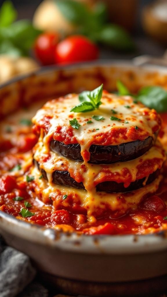 A delicious baked eggplant parmesan with layers of eggplant, marinara sauce, and melted cheese, garnished with fresh herbs.
