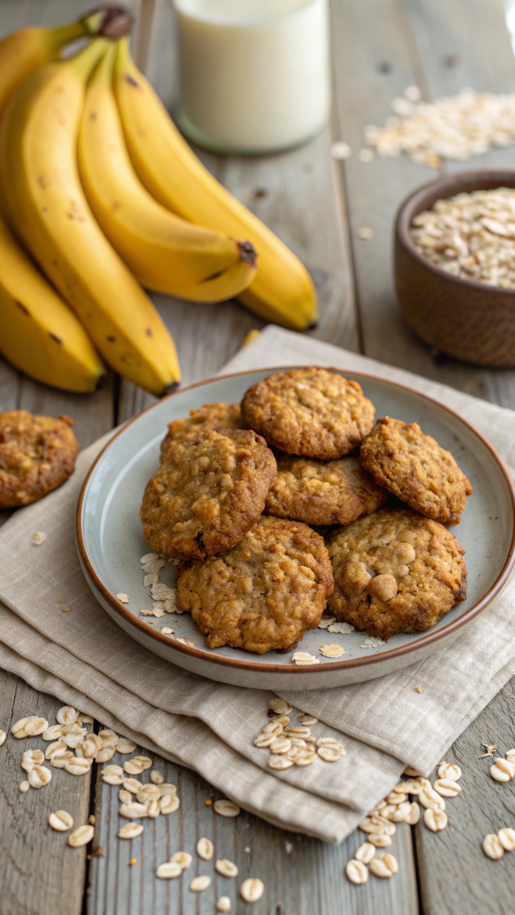 A plate of banana oatmeal cookies with fresh bananas and oats in the background.