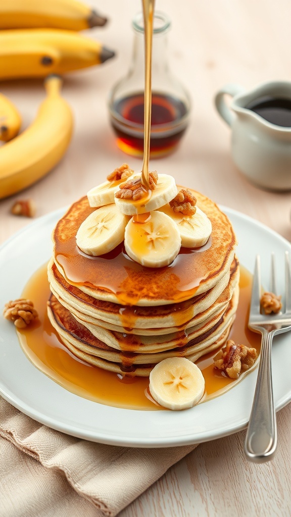 Fluffy banana pancakes topped with banana slices and syrup, with bananas in the background.